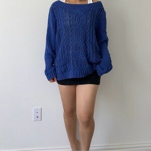 Blue Cable Knit Off-Shoulder Sweater - Women